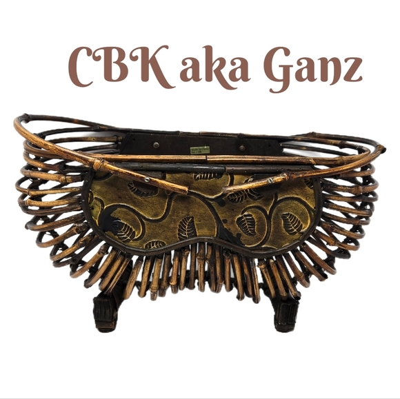 CBK aka Ganz Vintage Bamboo & Wood Handled Table Basket Leaf Vine Design Rustic - Picture 1 of 6